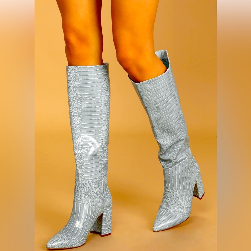 Katari Blue Croc Pointed-Toe Knee High Boots